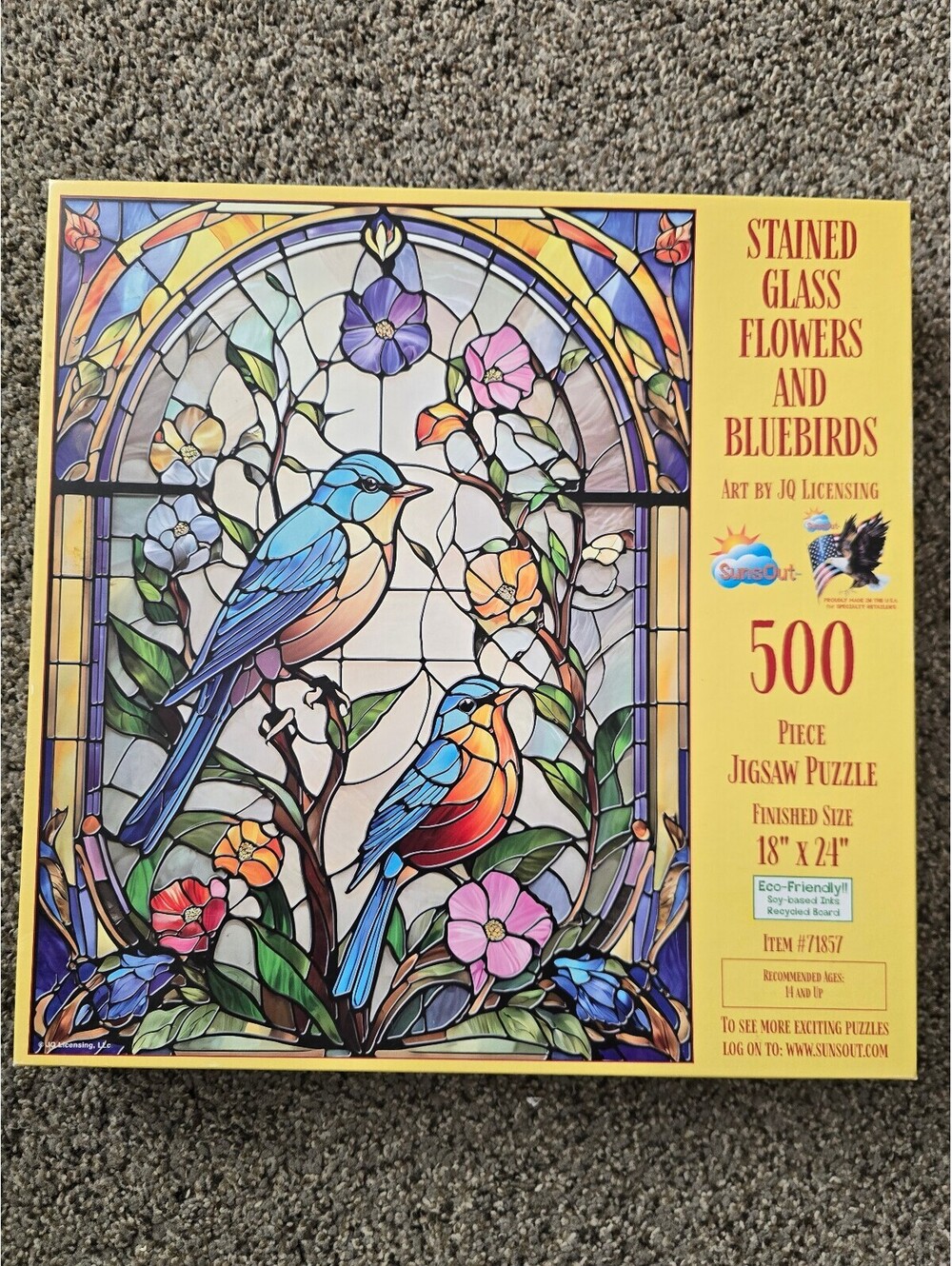 SunsOut Glass Finches and Bluebirds 500 Piece Jigsaw Puzzle Complete